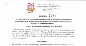 Alcaldía de Sabanalarga prohíbe el parqueo en 5 tramos del centro con el Decreto 0071